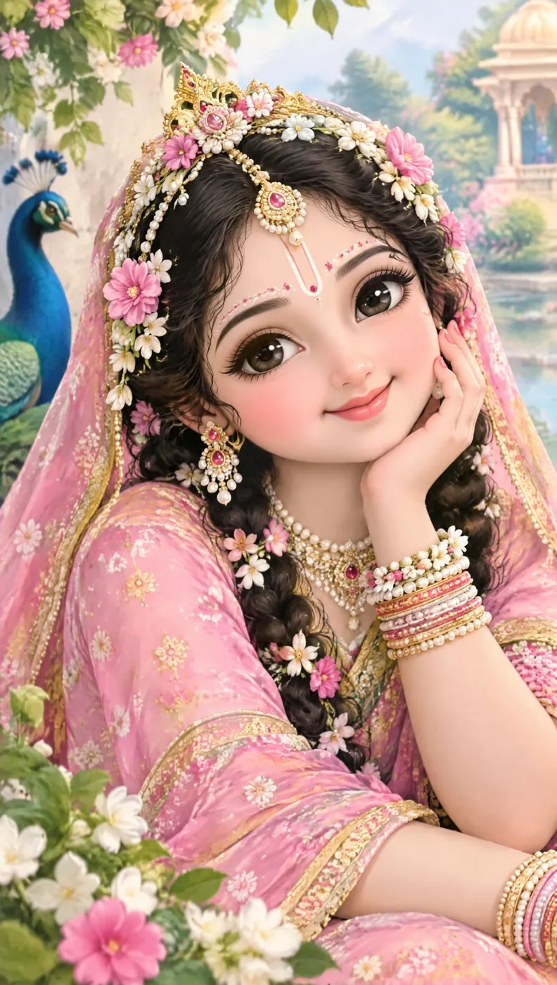 Radha Rani illustration in pink with flowers and a peacock