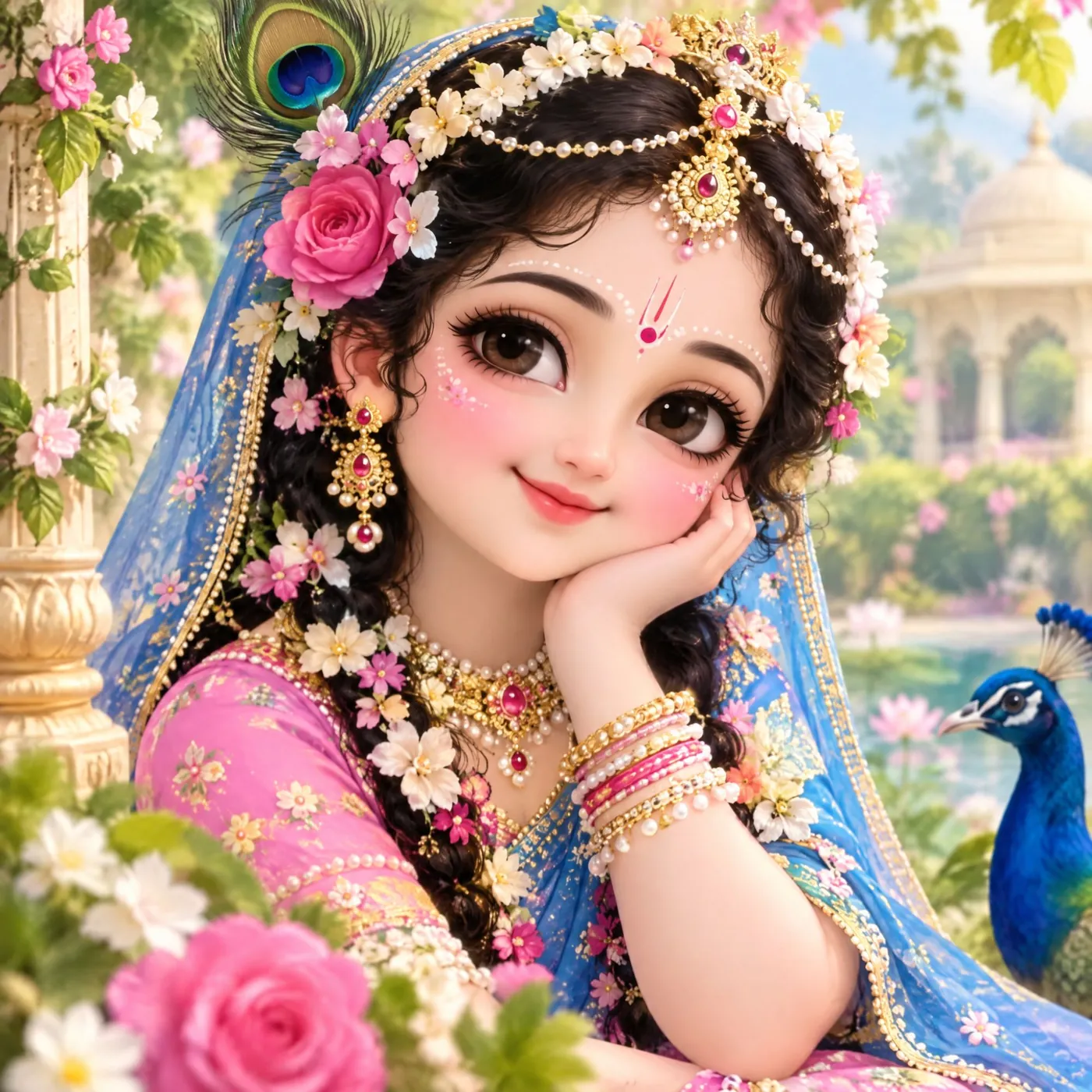 Radha Rani with a peacock feather and blue dupatta